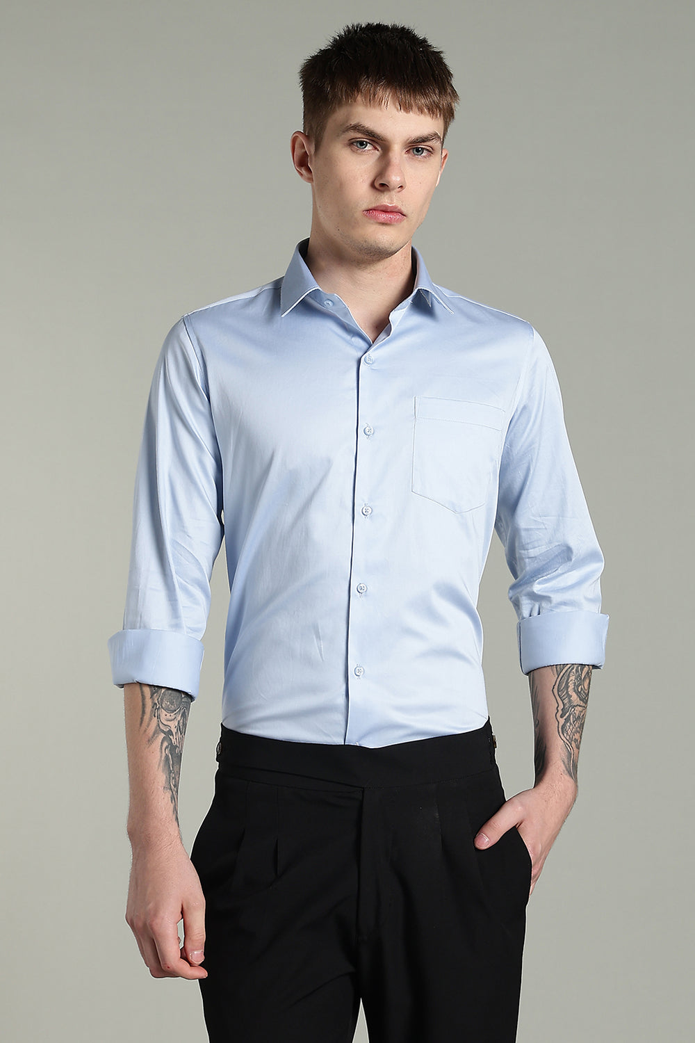 Wrinkle Free Korean Sky Blue Solid Cotton Shirt
