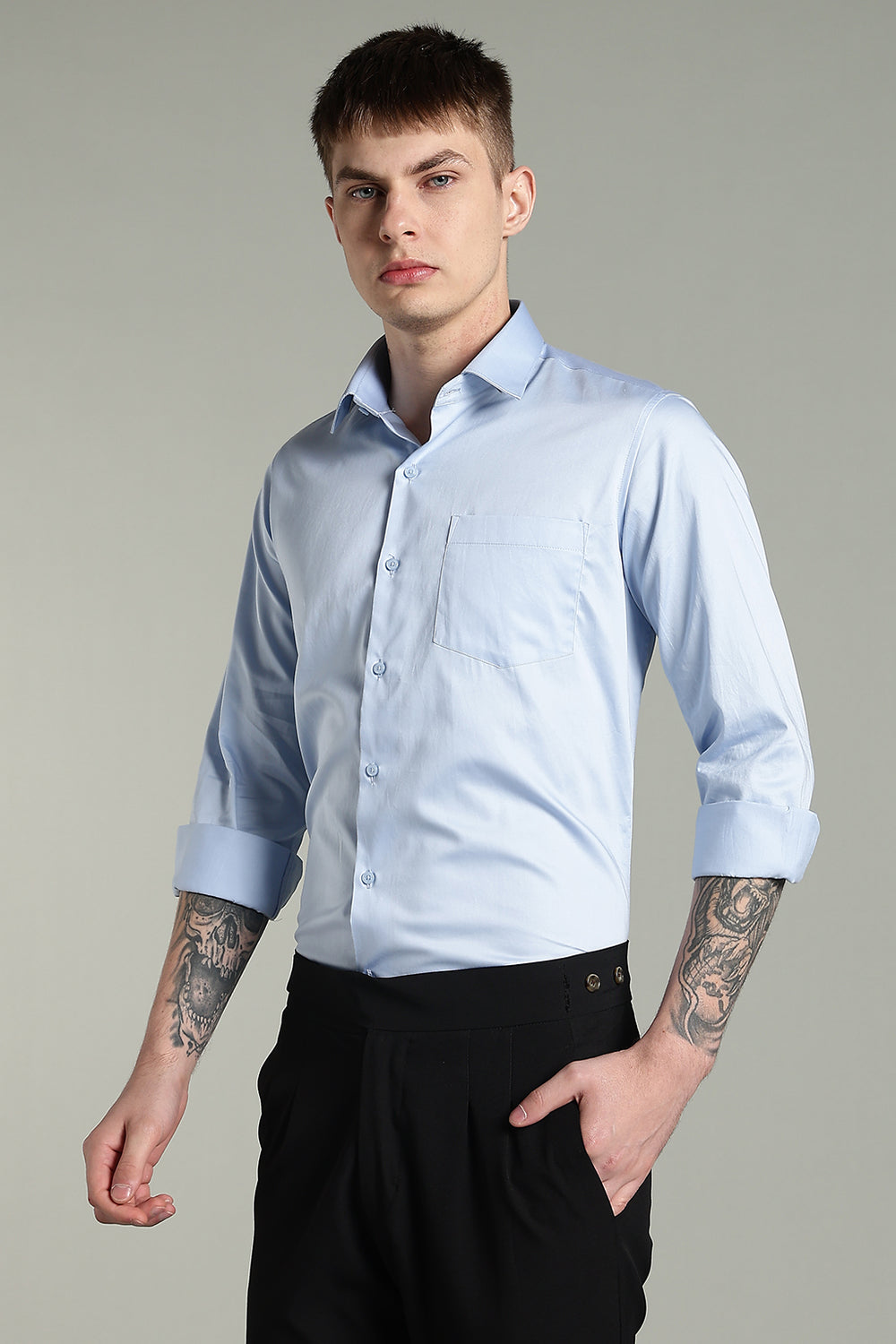 Wrinkle Free Korean Sky Blue Solid Cotton Shirt