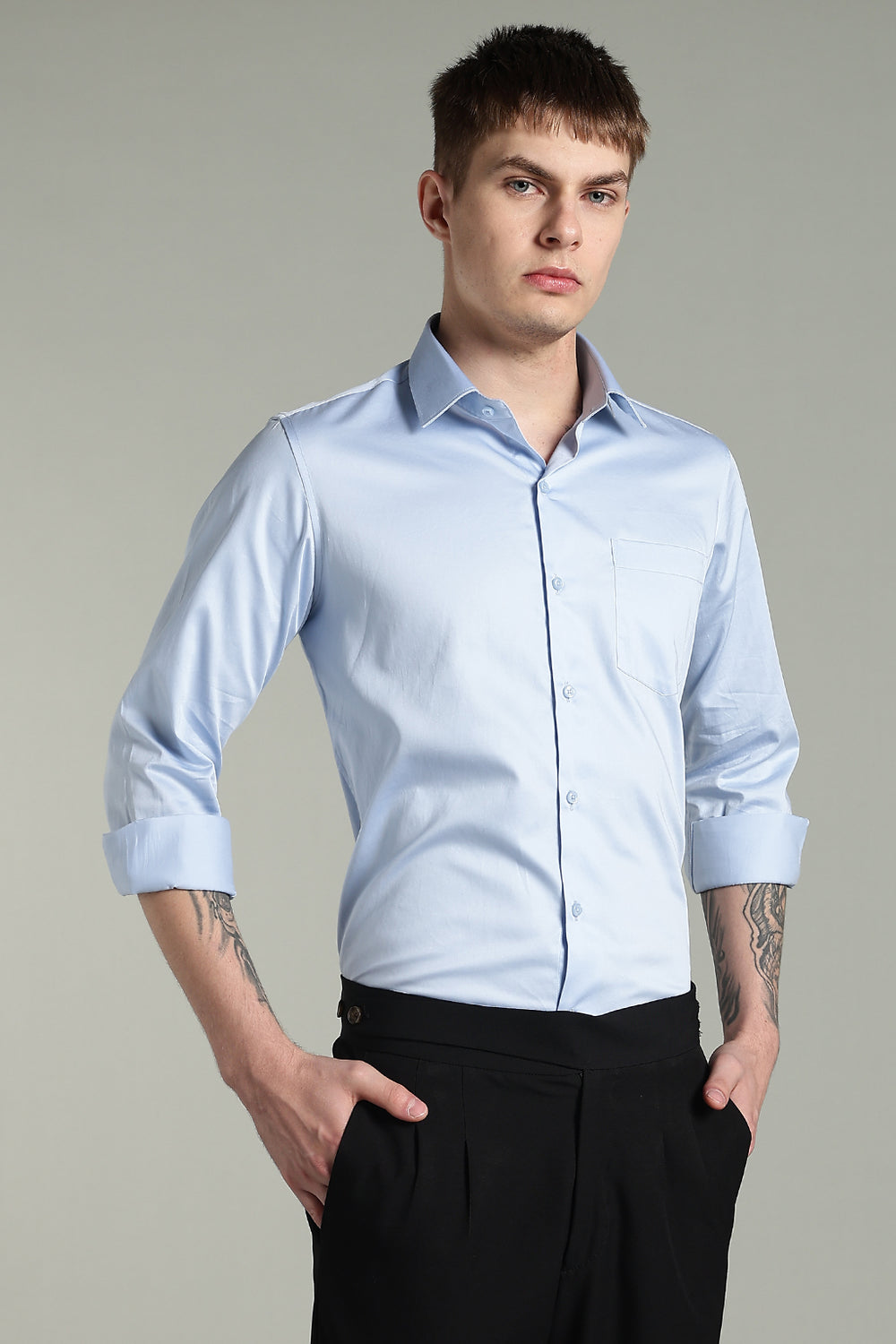 Wrinkle Free Korean Sky Blue Solid Cotton Shirt