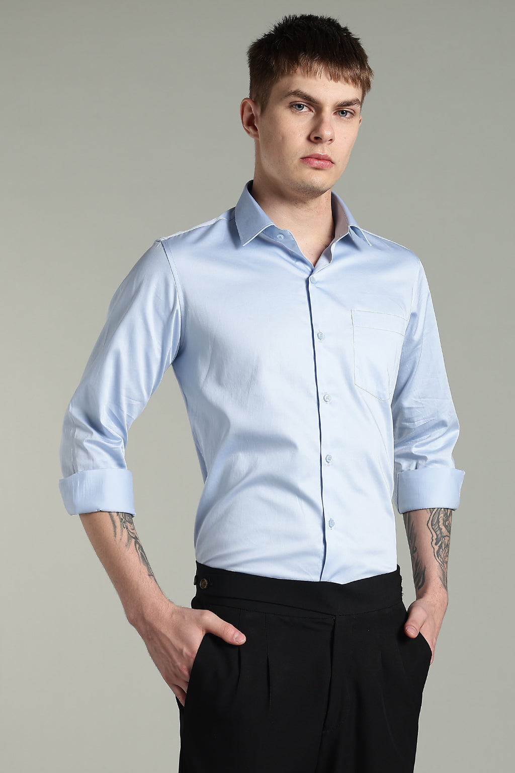 Wrinkle Free Korean Sky Blue Solid Cotton Shirt
