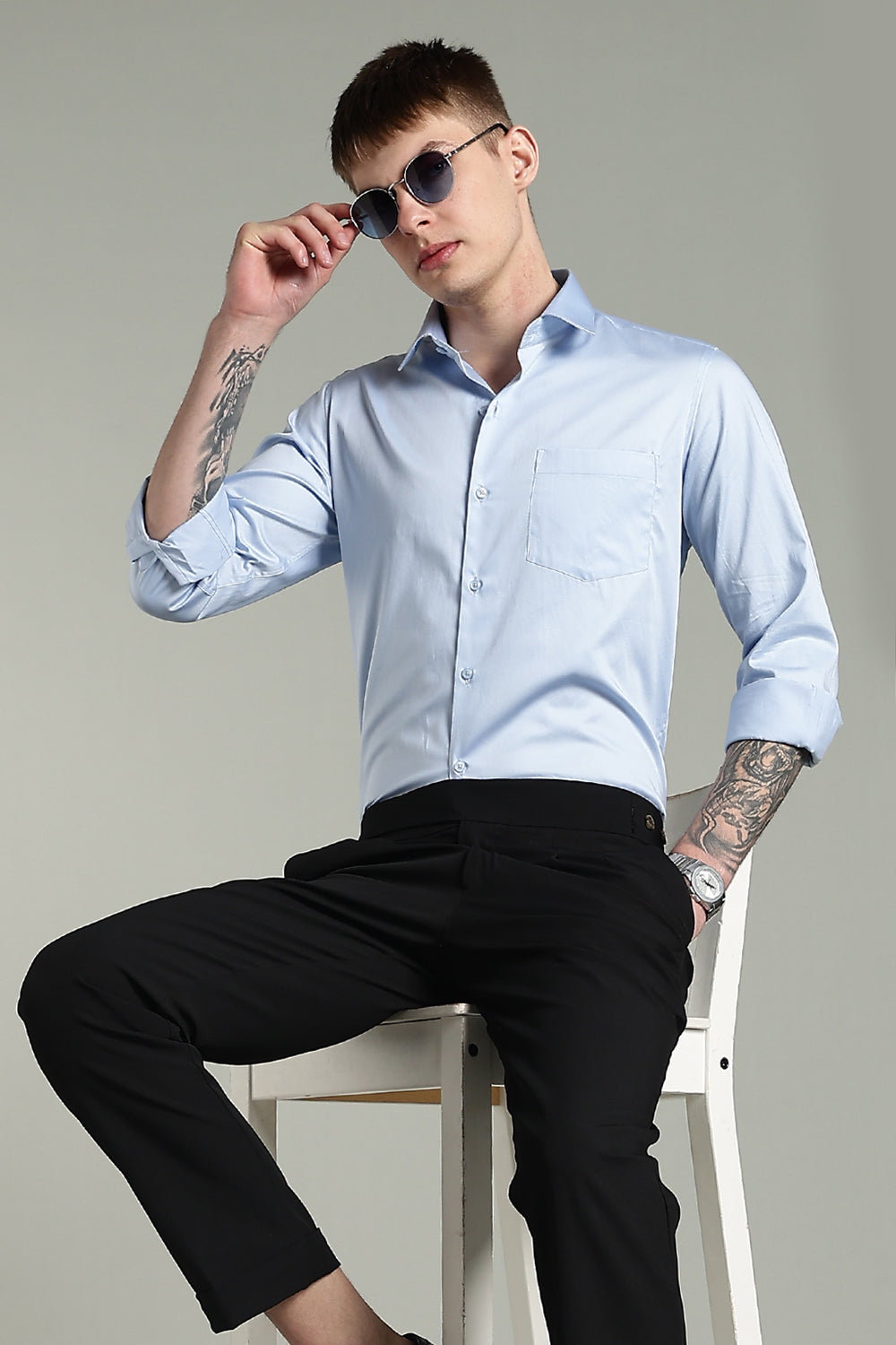 Wrinkle Free Korean Sky Blue Solid Cotton Shirt