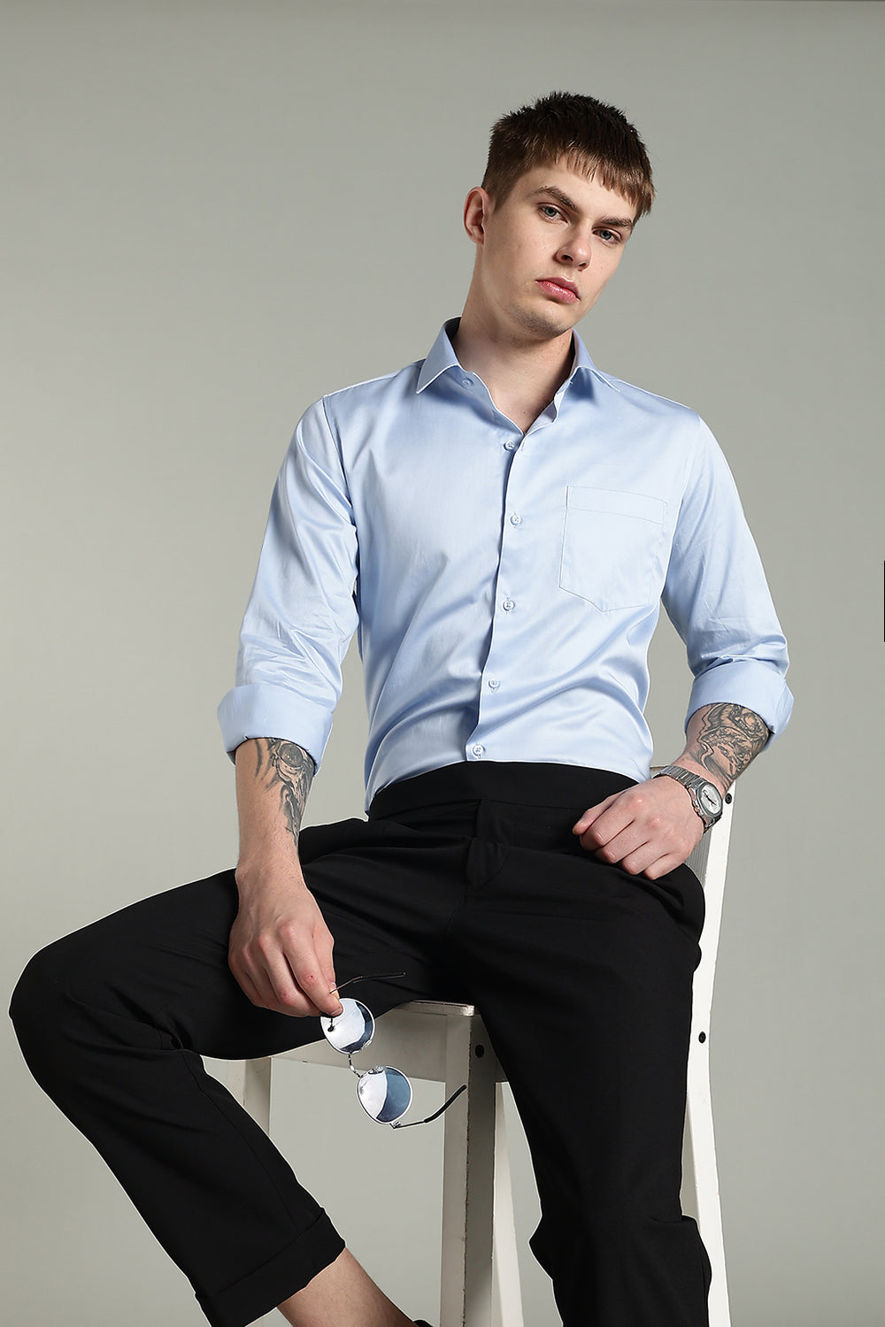 Wrinkle Free Korean Sky Blue Solid Cotton Shirt