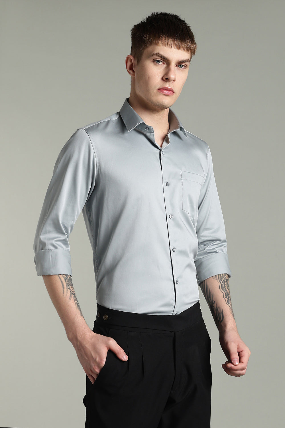 Wrinkle Free Titanium Grey Solid Cotton Shirt