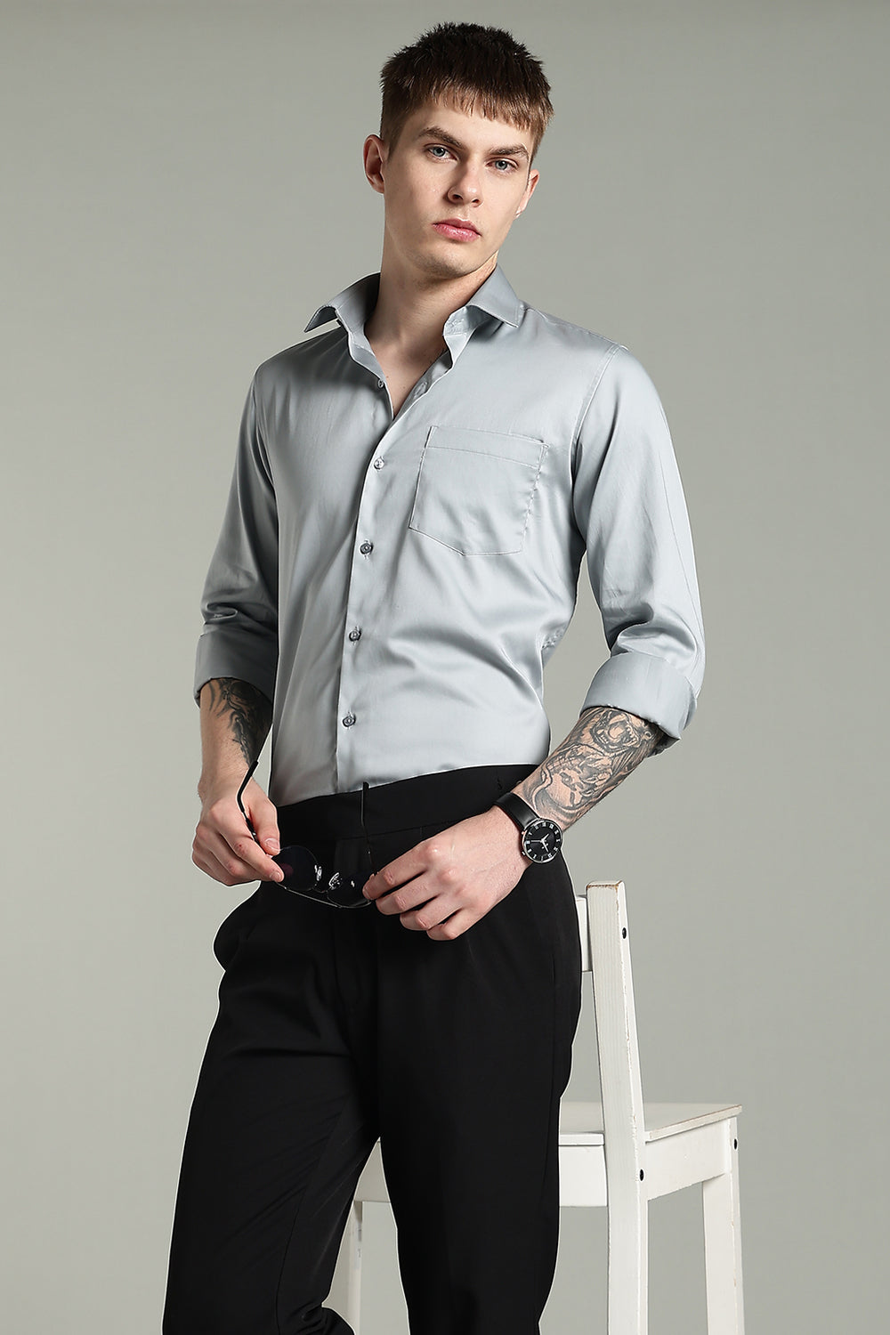 Wrinkle Free Titanium Grey Solid Cotton Shirt