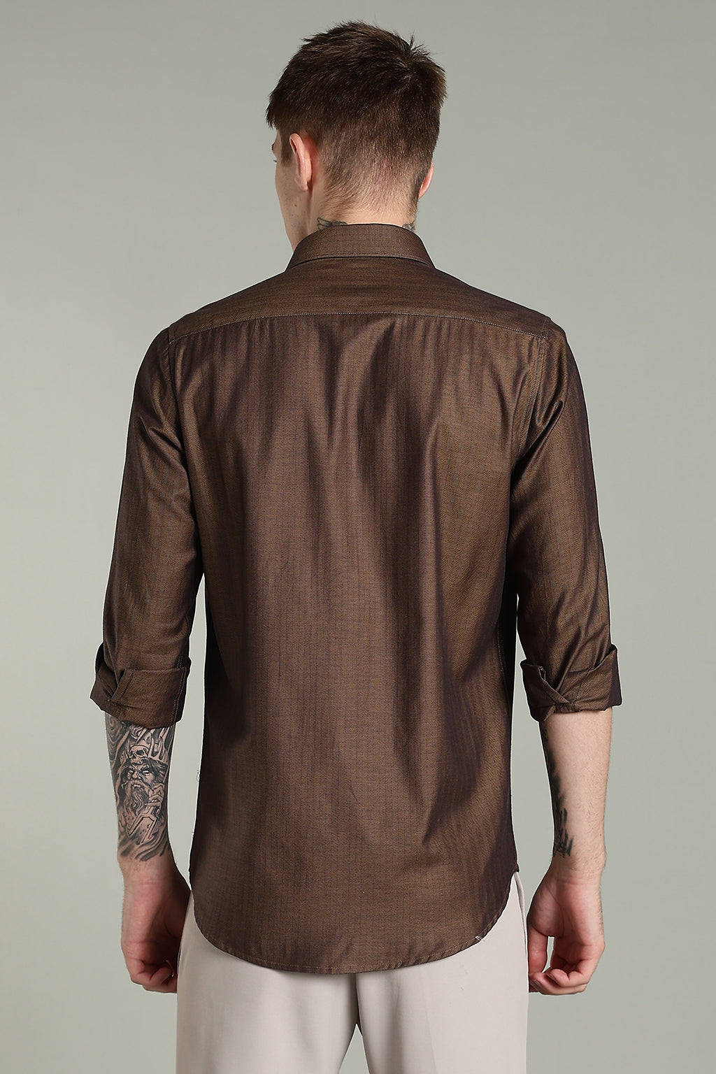 Self Strips Charcoal Brown Cotton Shirt