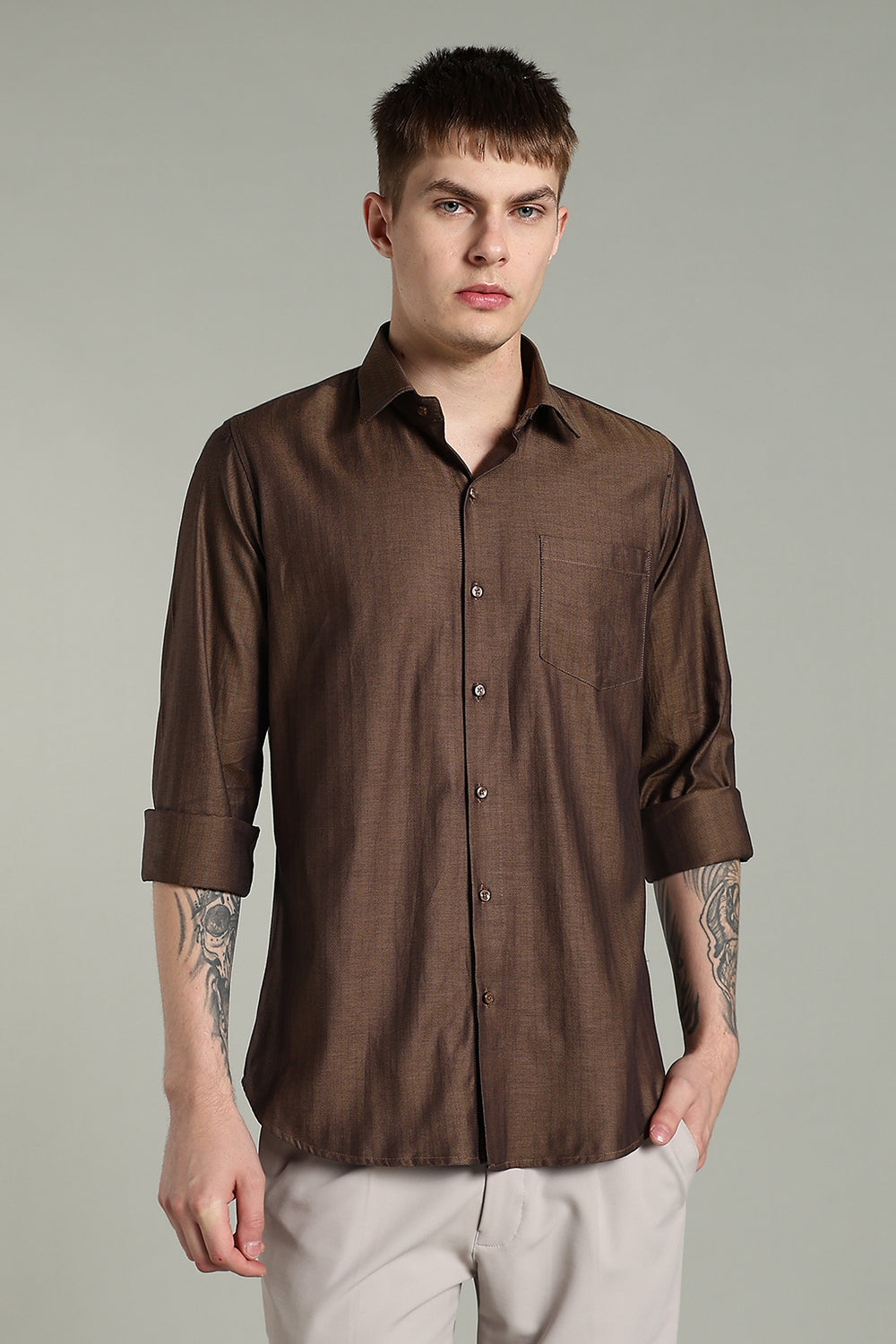 Self Strips Charcoal Brown Cotton Shirt