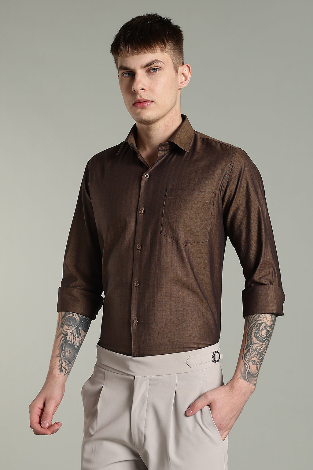 Self Strips Charcoal Brown Cotton Shirt