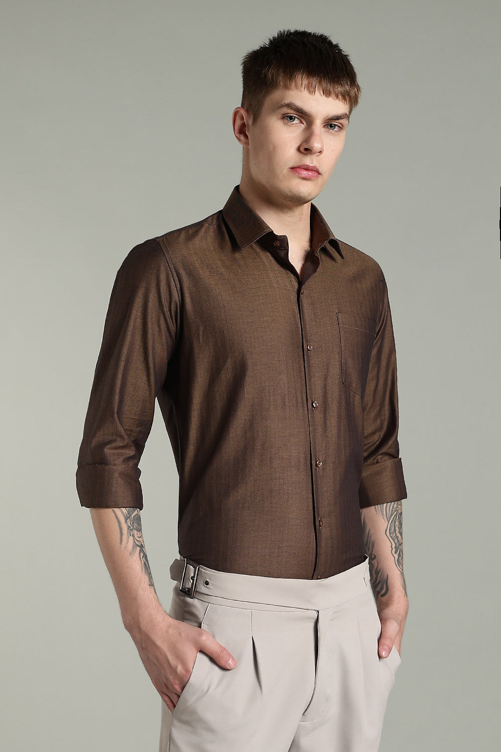 Self Strips Charcoal Brown Cotton Shirt