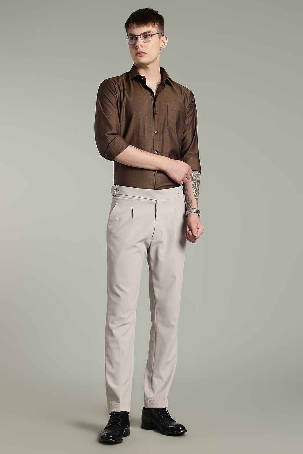 Self Strips Charcoal Brown Cotton Shirt