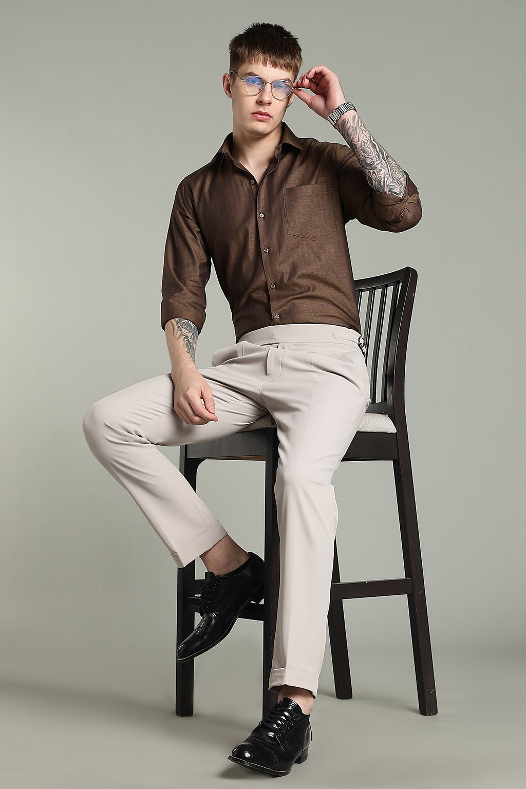 Self Strips Charcoal Brown Cotton Shirt