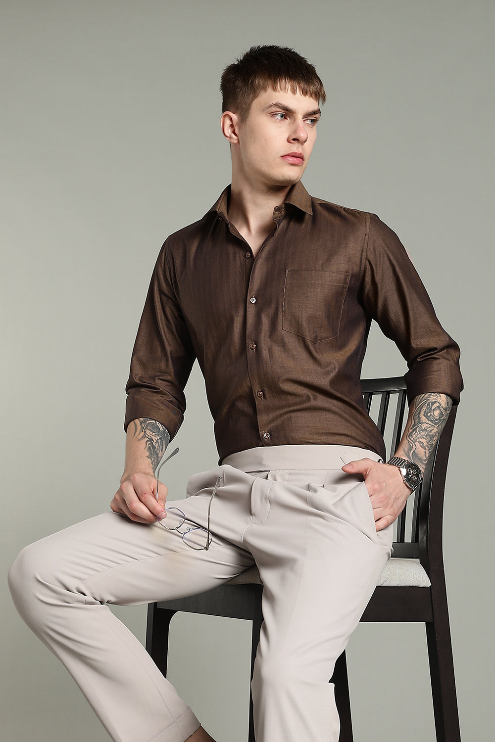 Self Strips Charcoal Brown Cotton Shirt