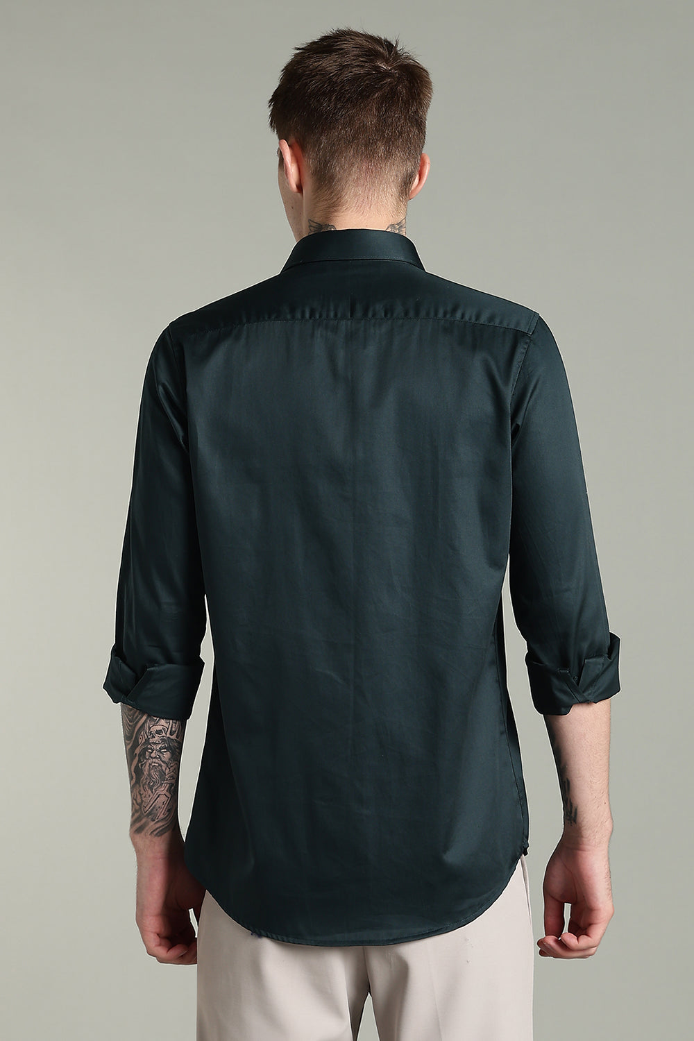 Wrinkle Free Bottle Green Solid Cotton Shirt