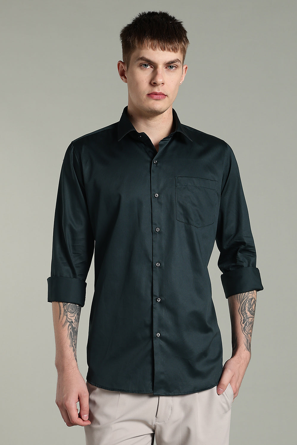 Wrinkle Free Bottle Green Solid Cotton Shirt