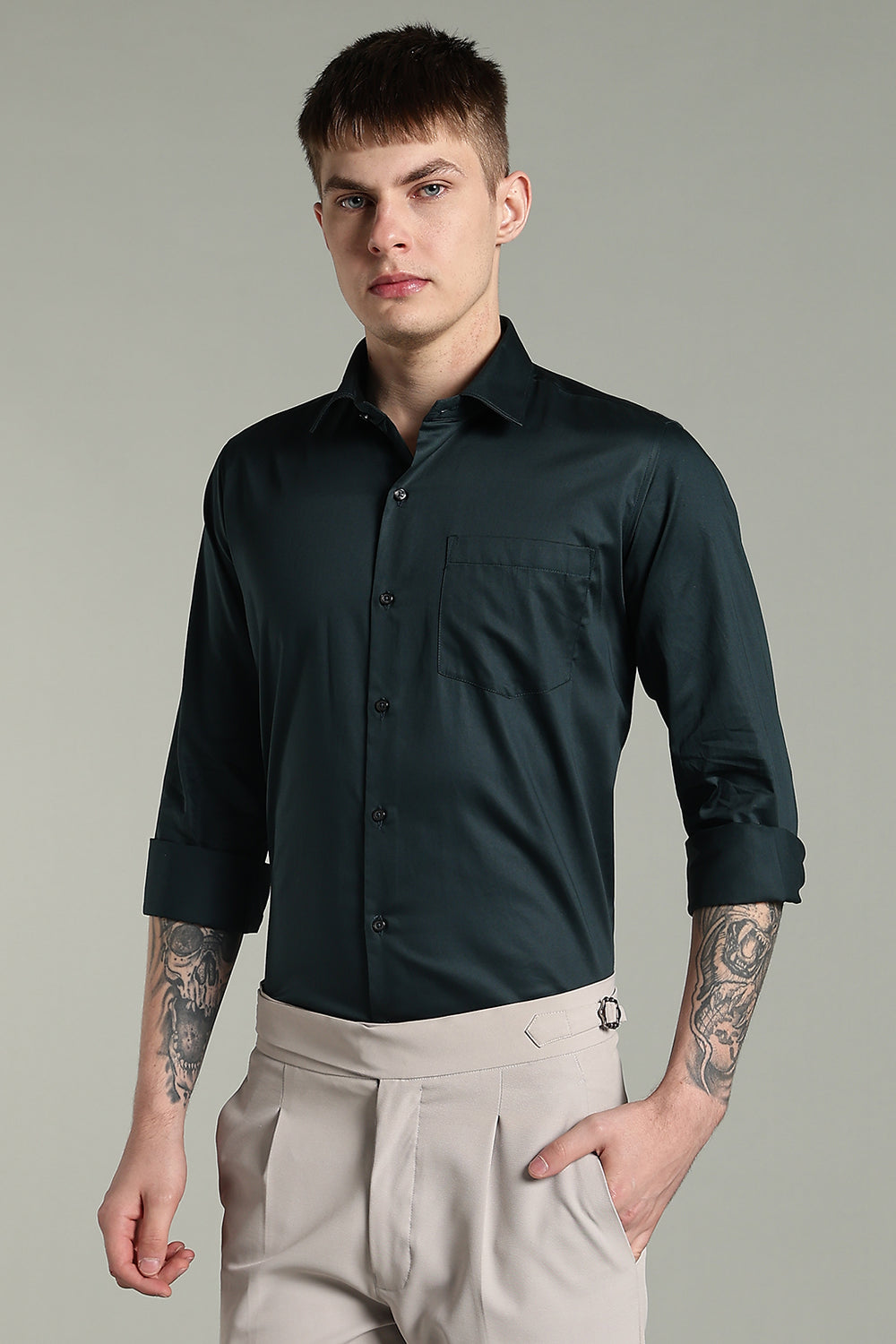 Wrinkle Free Bottle Green Solid Cotton Shirt