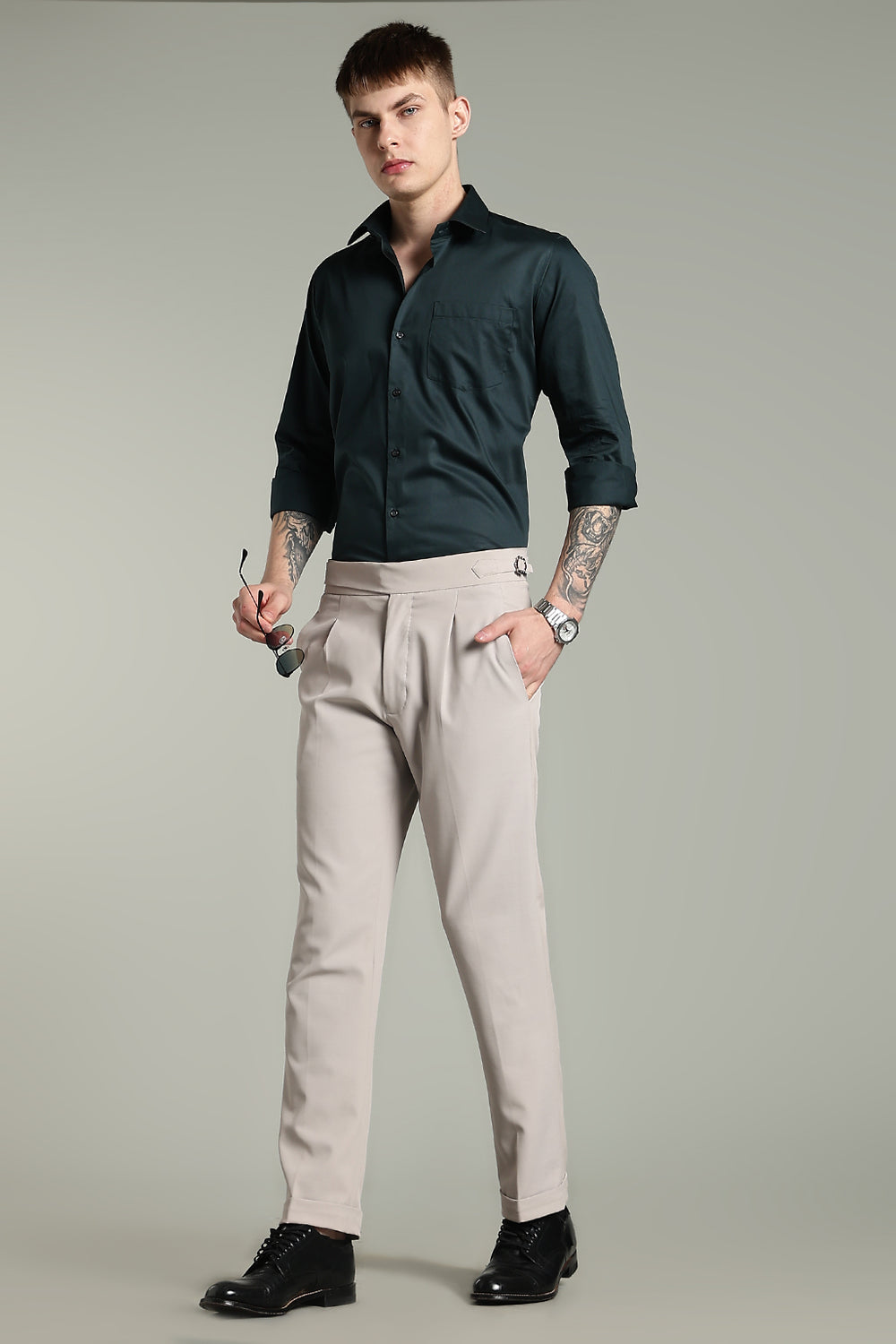 Wrinkle Free Bottle Green Solid Cotton Shirt