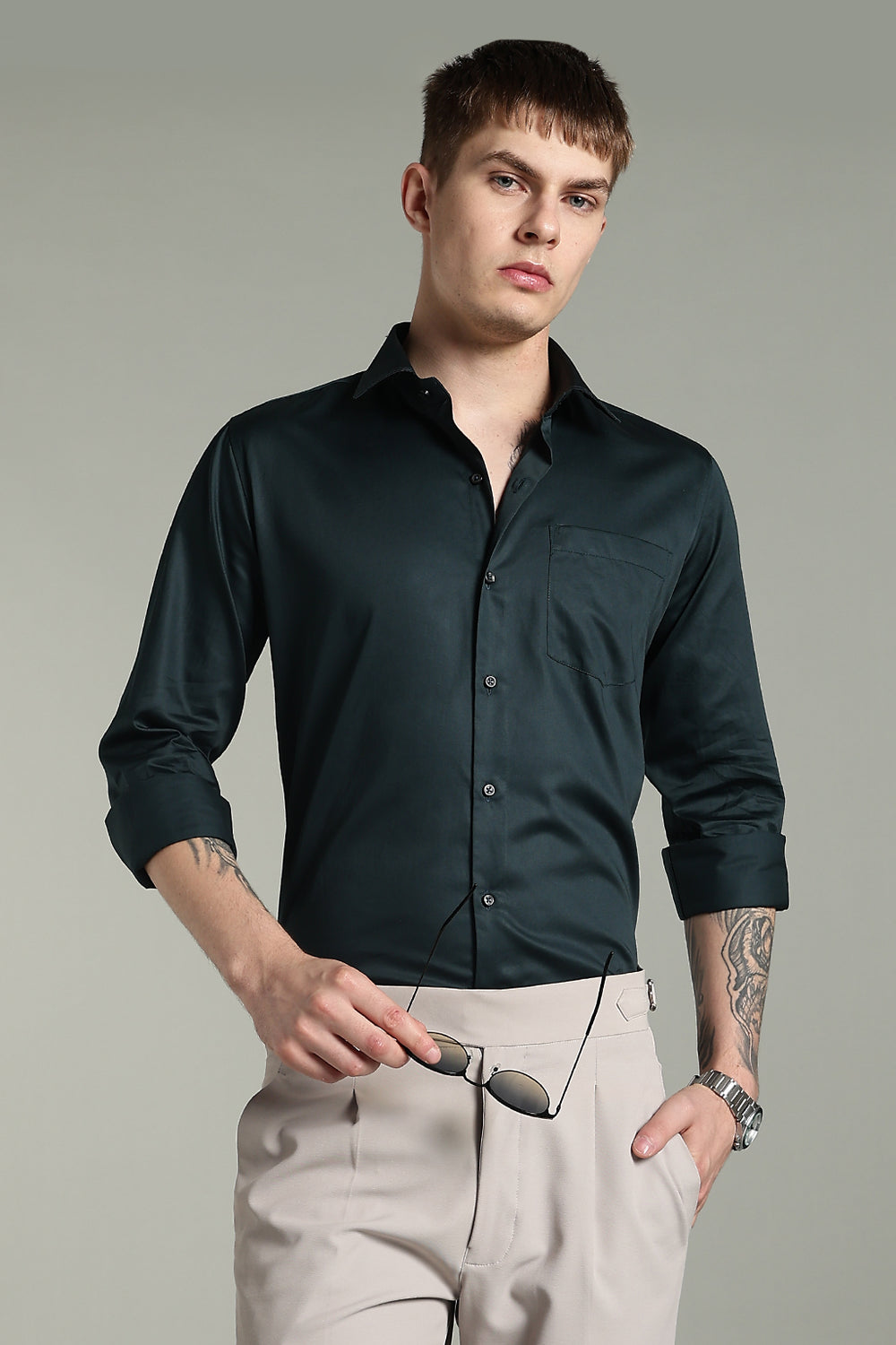 Wrinkle Free Bottle Green Solid Cotton Shirt