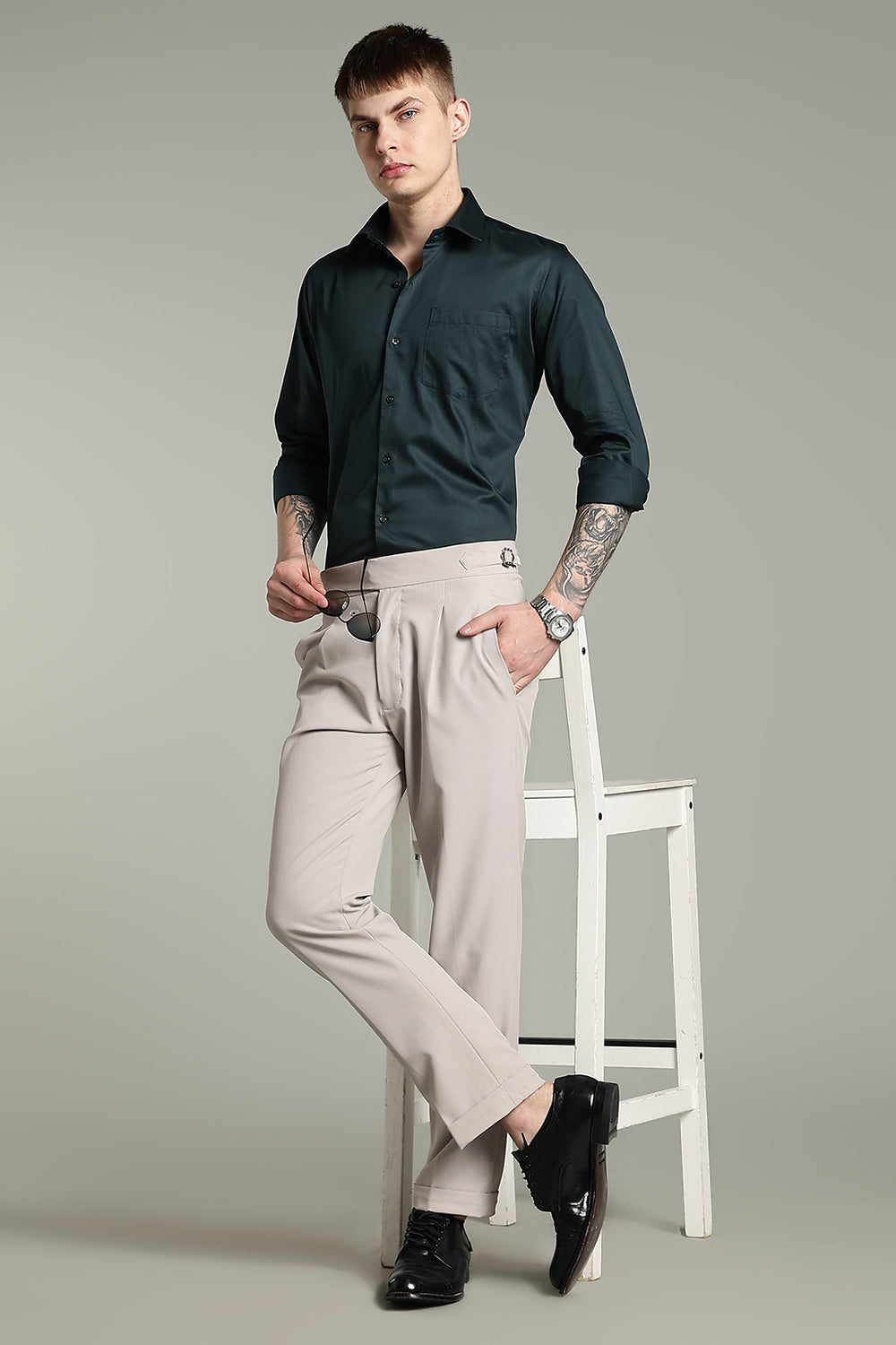 Wrinkle Free Bottle Green Solid Cotton Shirt