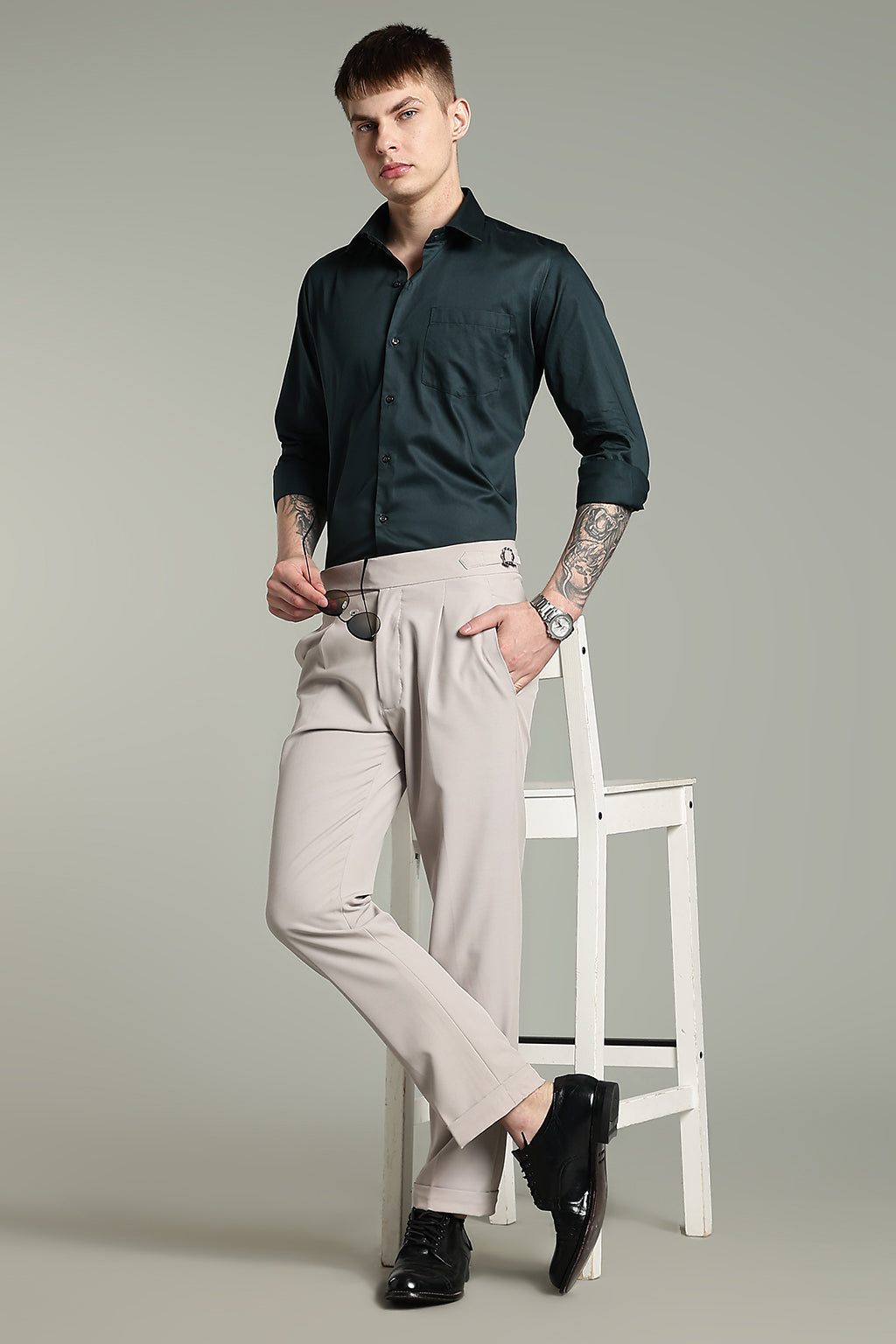 Wrinkle Free Bottle Green Solid Cotton Shirt