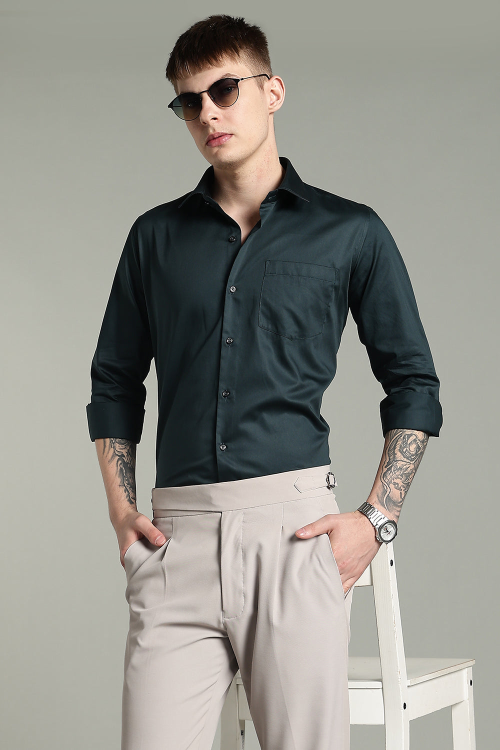 Wrinkle Free Bottle Green Solid Cotton Shirt