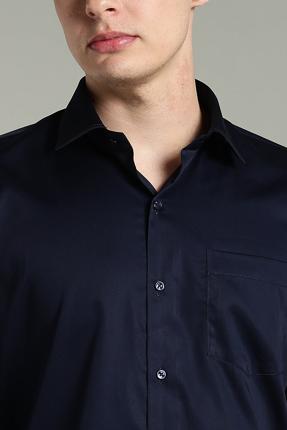 Wrinkle Free Navy Blue Solid Cotton Shirt