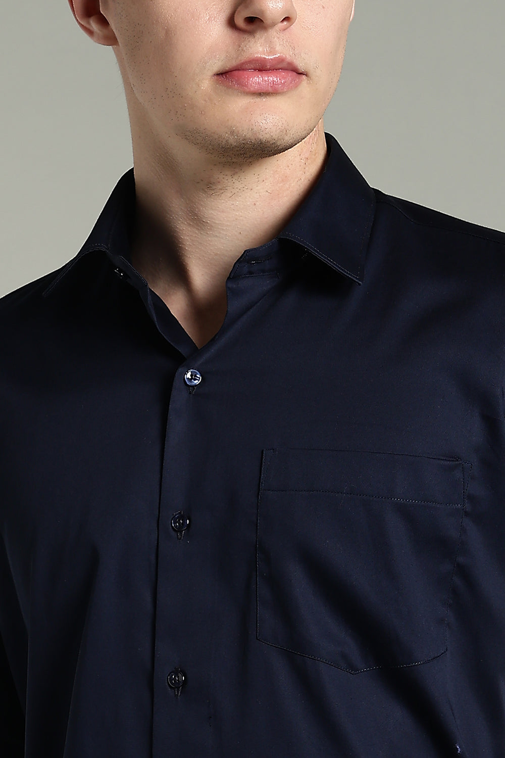 Wrinkle Free Navy Blue Solid Cotton Shirt