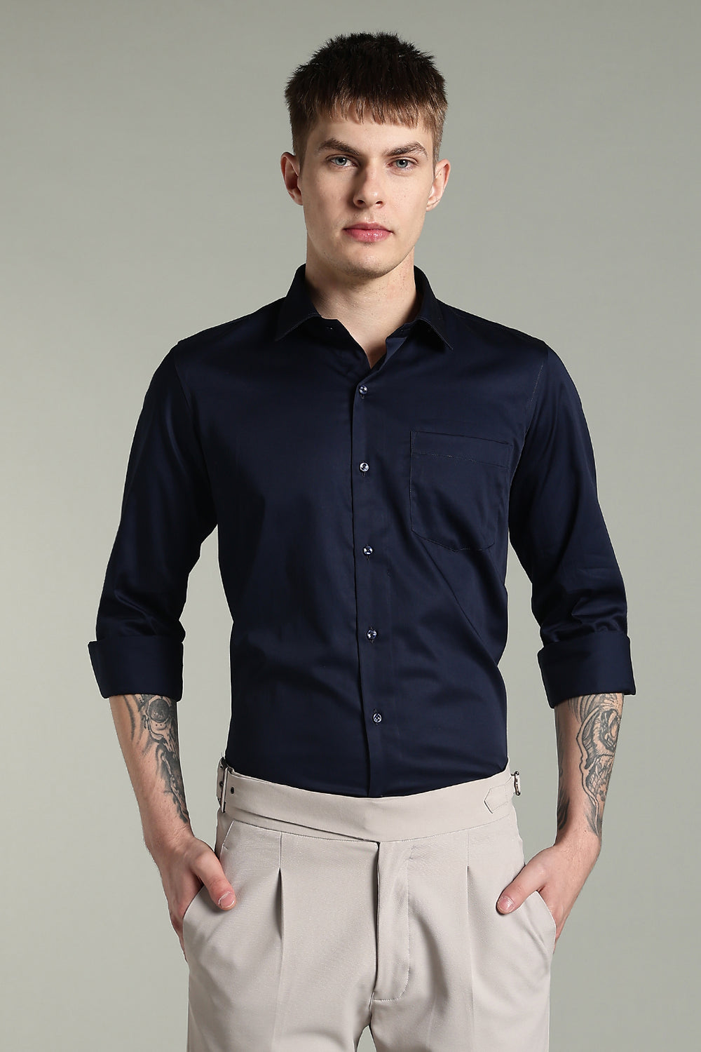 Wrinkle Free Navy Blue Solid Cotton Shirt