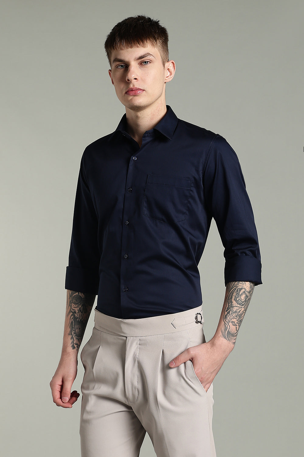 Wrinkle Free Navy Blue Solid Cotton Shirt