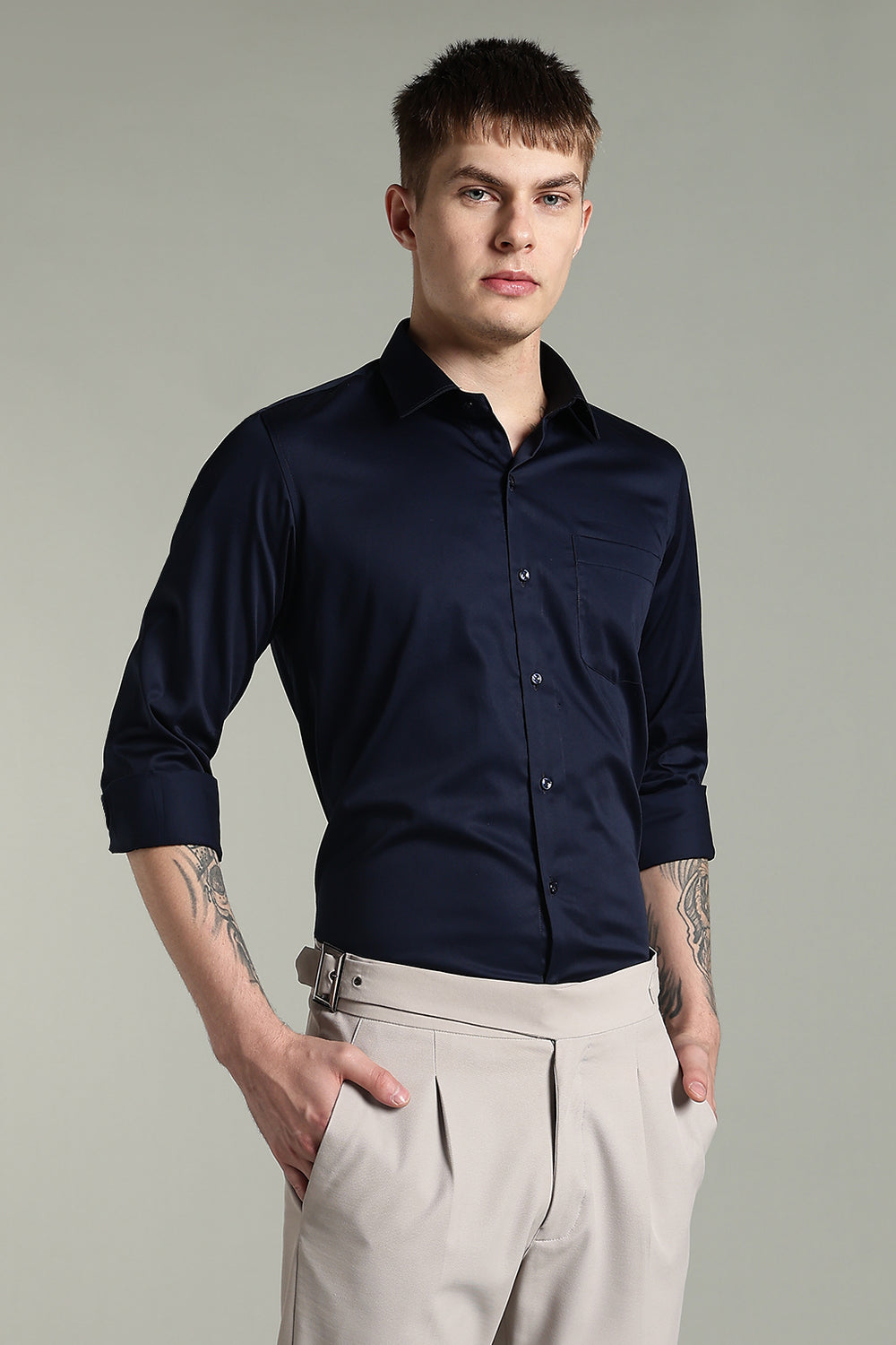 Wrinkle Free Navy Blue Solid Cotton Shirt