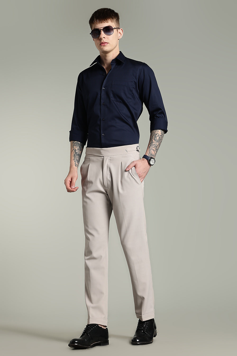Wrinkle Free Navy Blue Solid Cotton Shirt