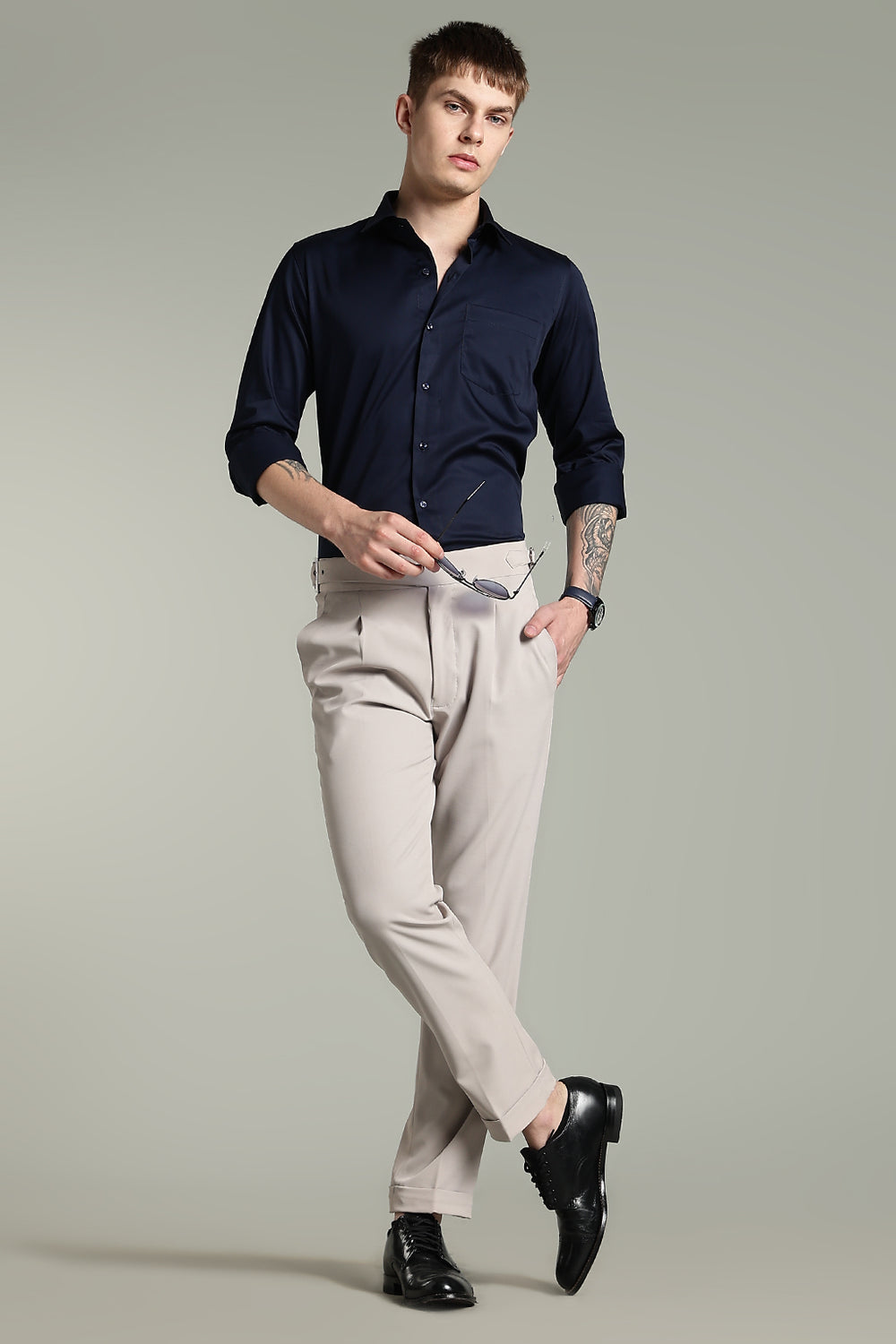 Wrinkle Free Navy Blue Solid Cotton Shirt