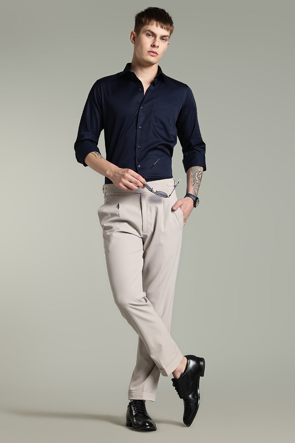 Wrinkle Free Navy Blue Solid Cotton Shirt