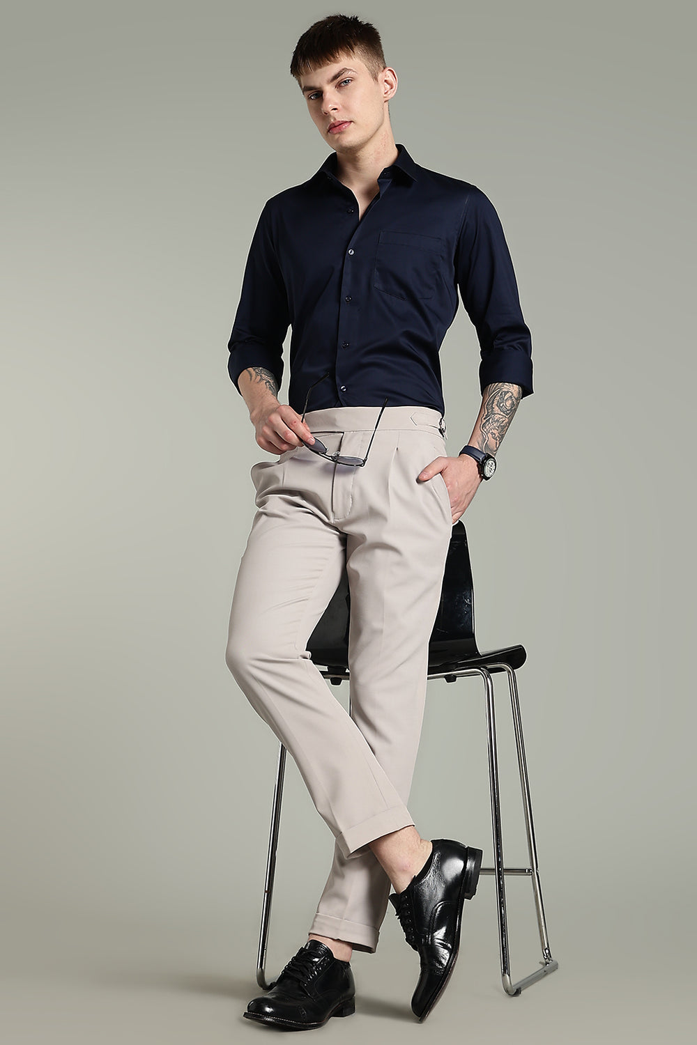 Wrinkle Free Navy Blue Solid Cotton Shirt