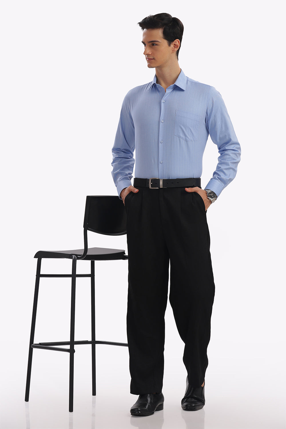 Self Strips Sky Blue Formal Cotton Shirt