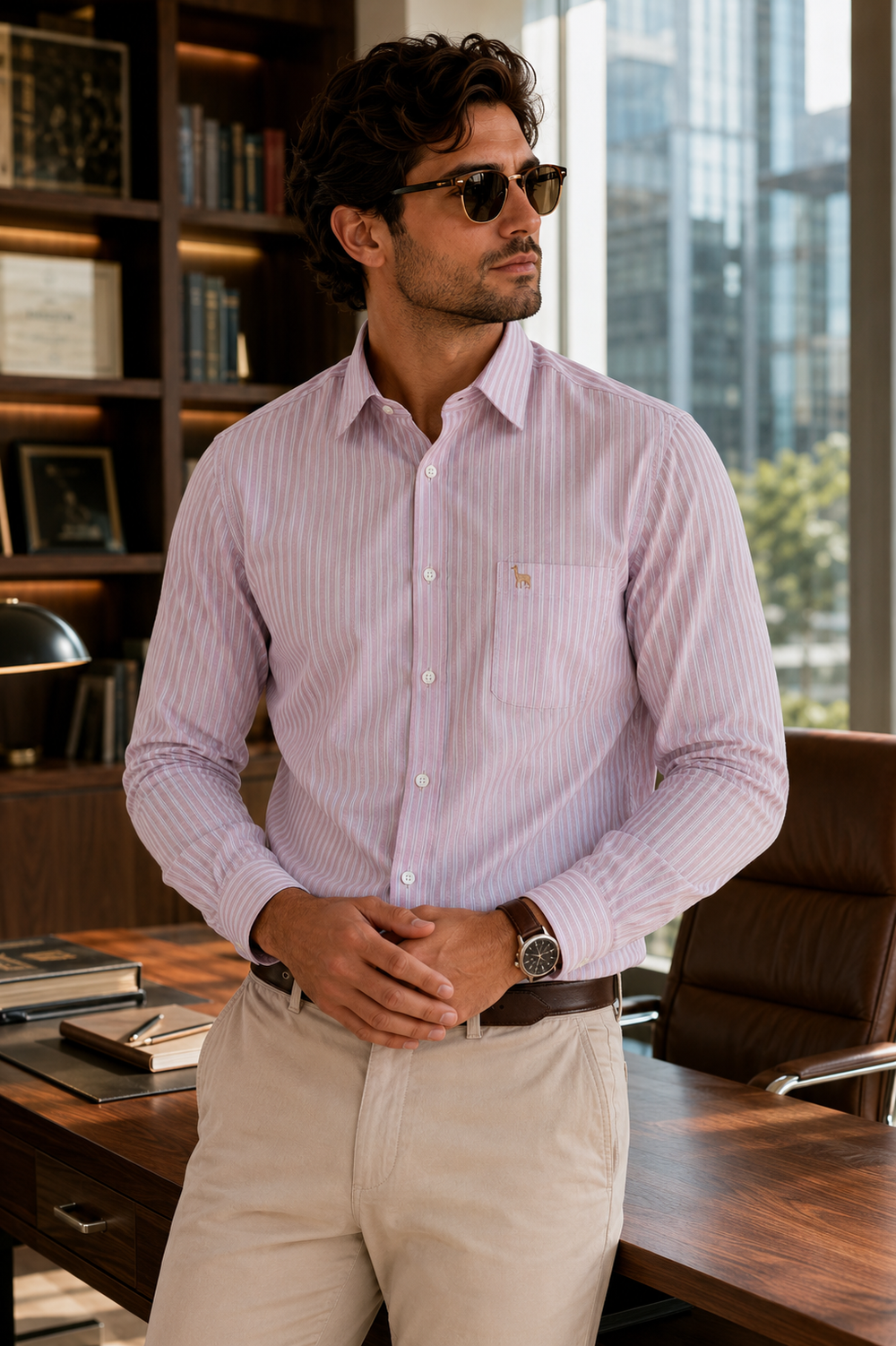 Giza Cotton Light Blush Pink with Fine White Vertical Pinstripes