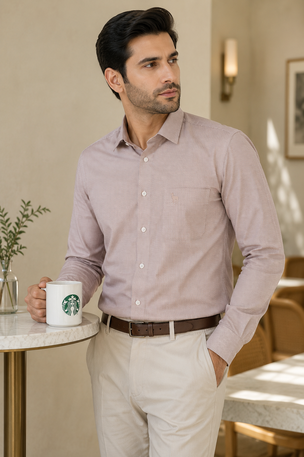Giza Cotton Micro Houndstooth Shirt – Dusty Blush
