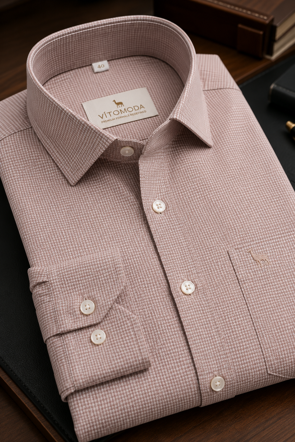 Giza Cotton Micro Houndstooth Shirt – Dusty Blush