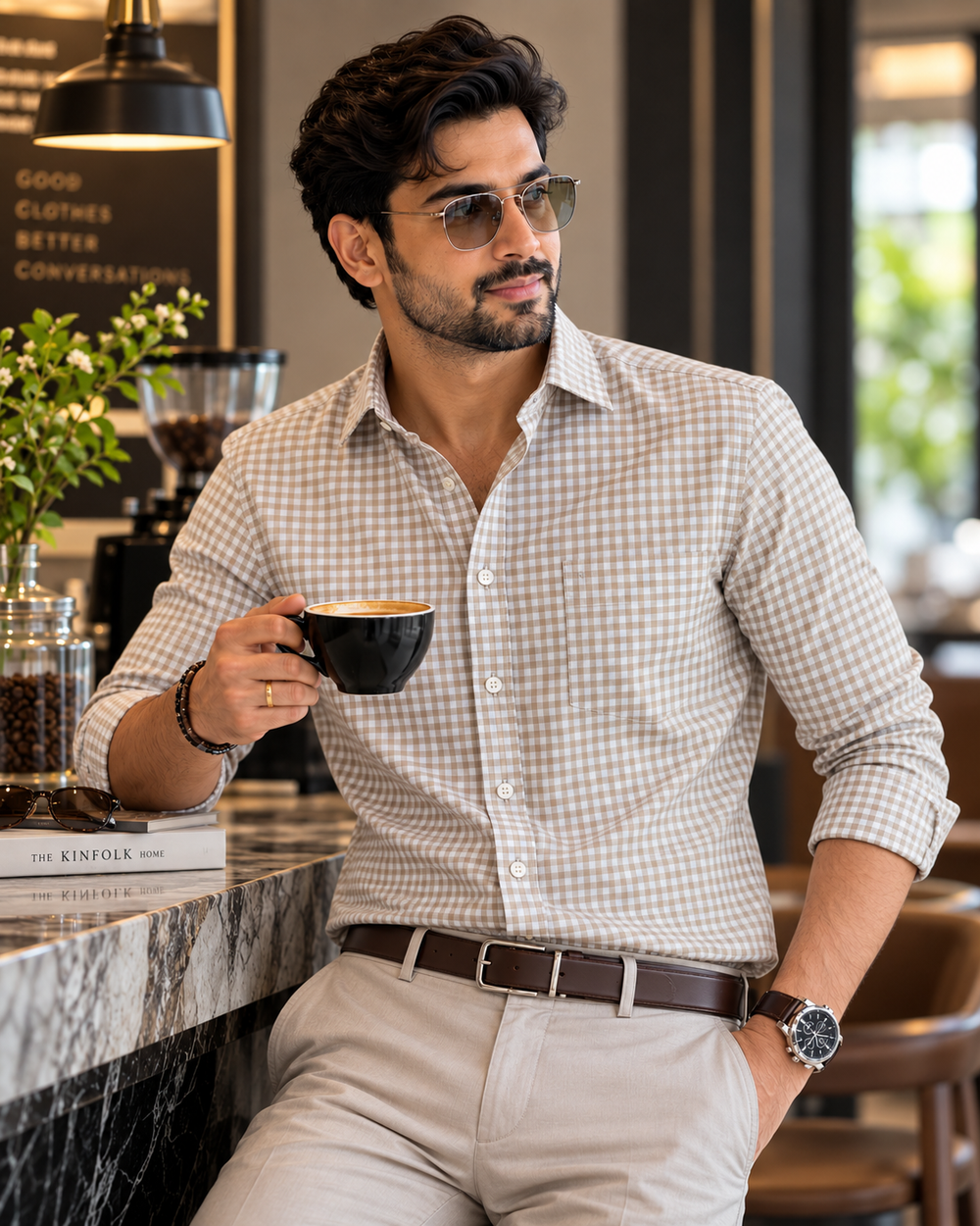 Beige & White Checkered Cotton Shirt