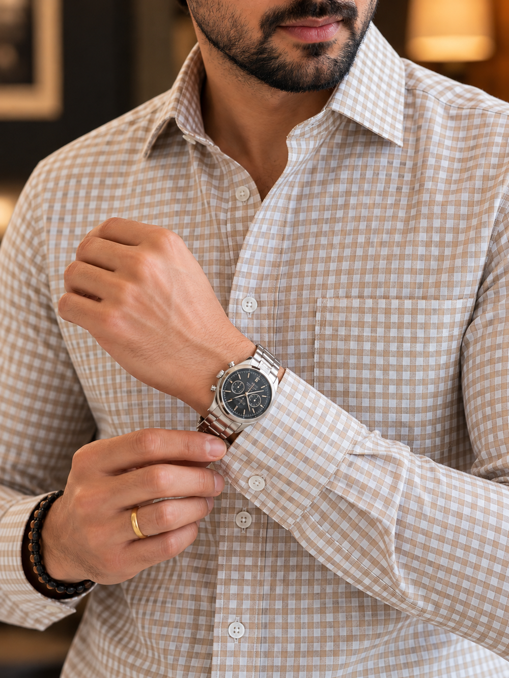 Beige & White Checkered Cotton Shirt