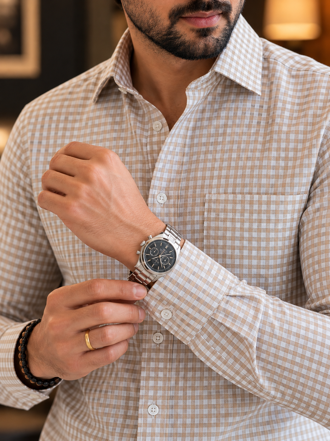 Beige & White Checkered Cotton Shirt