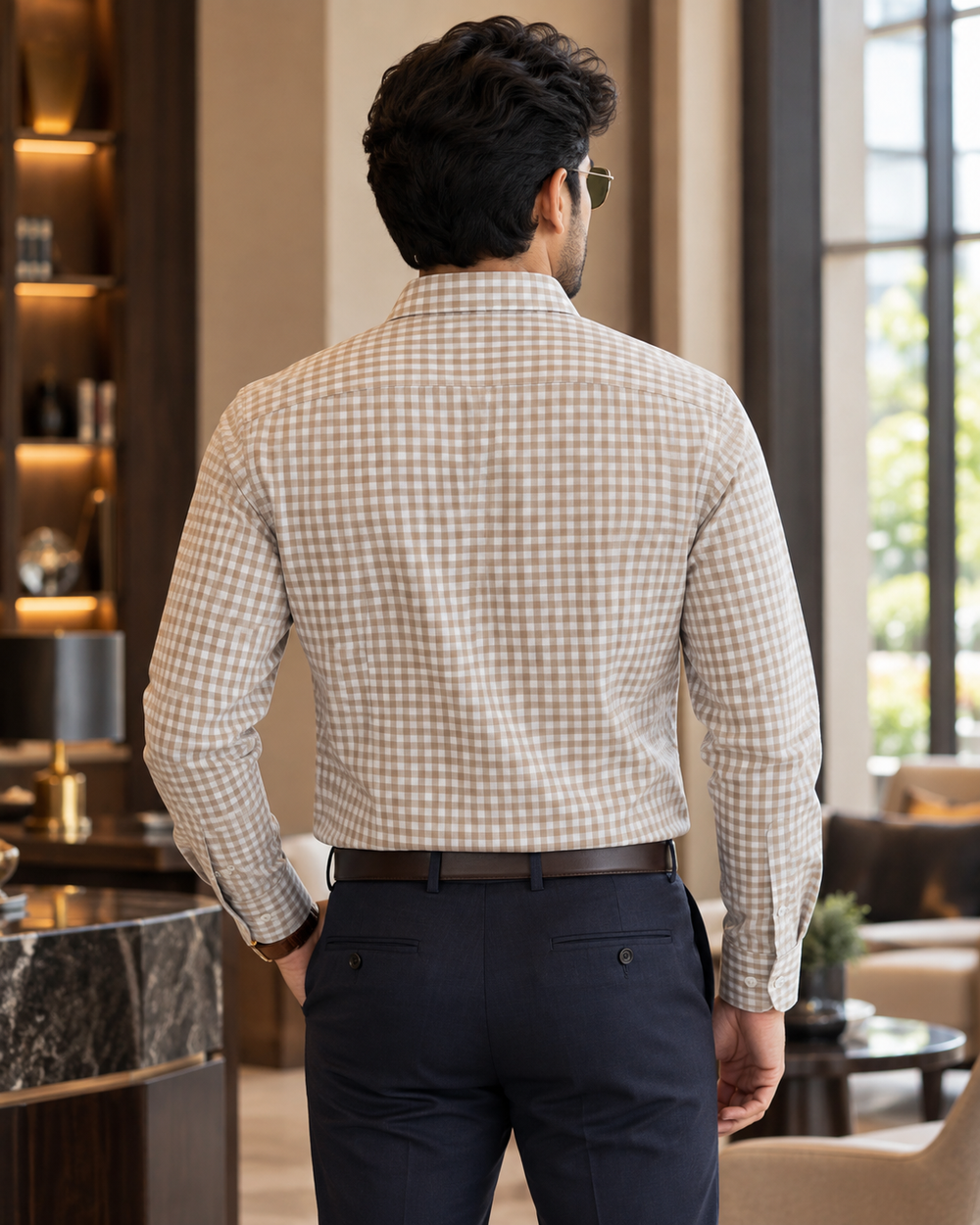 Beige & White Checkered Cotton Shirt