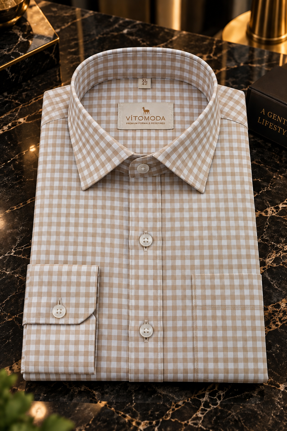 Beige & White Checkered Cotton Shirt