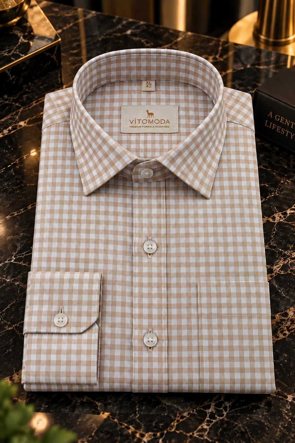 Beige & White Checkered Cotton Shirt