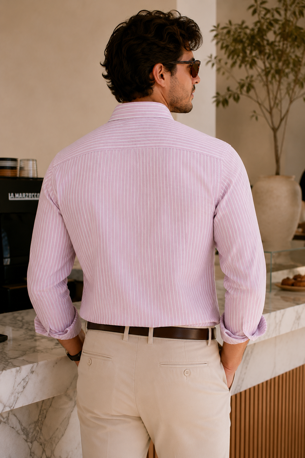 Giza Cotton Light Blush Pink with Fine White Vertical Pinstripes
