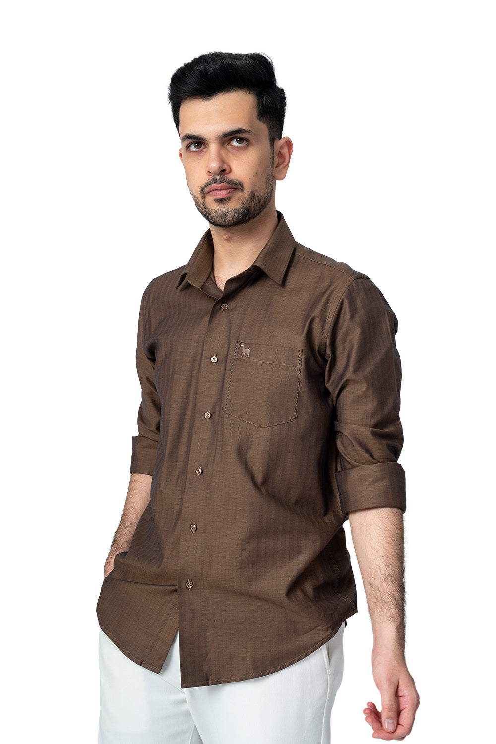 Self Strips Charcoal Brown Cotton Shirt