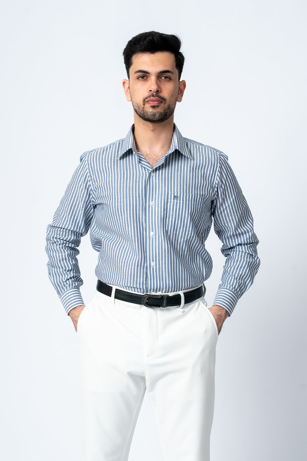 Grey Striped Formal Cotton Shirt