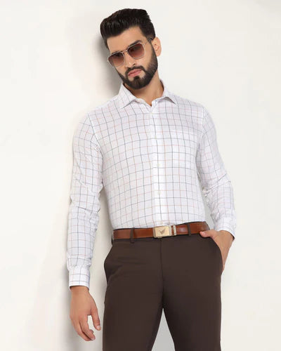 SLIM FIT PEACH CHECKS POLY VISCOSE