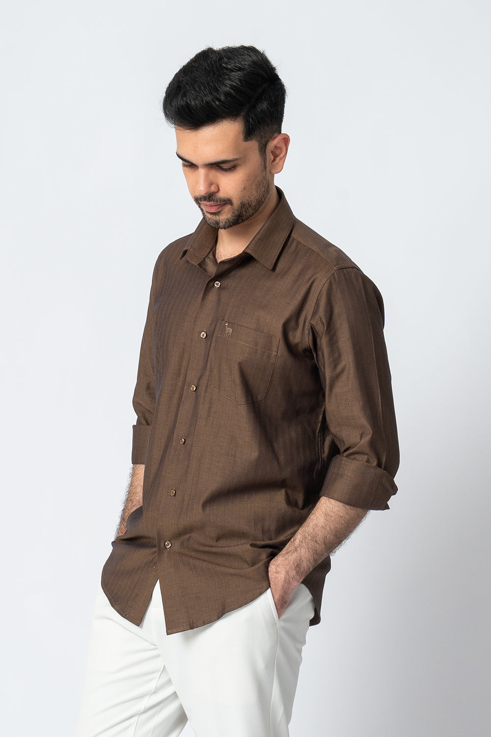 Self Strips Charcoal Brown Cotton Shirt