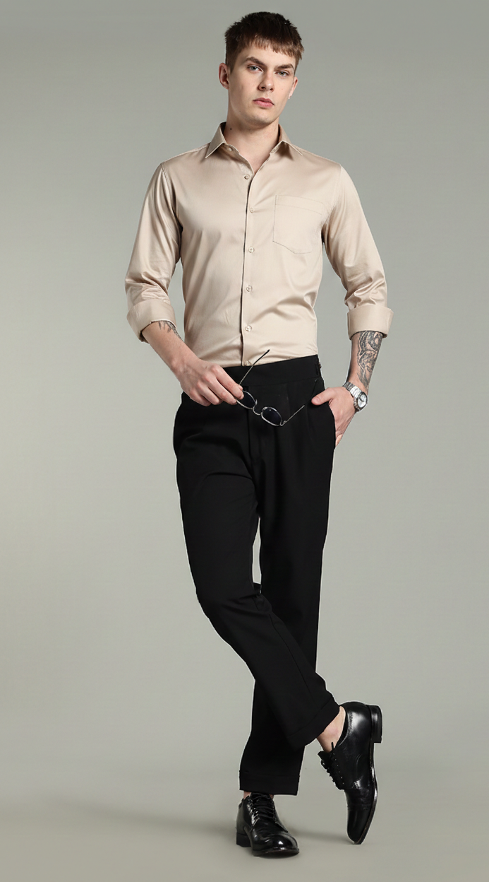 Wrinkle Free Titanium Beige Solid Cotton Shirt