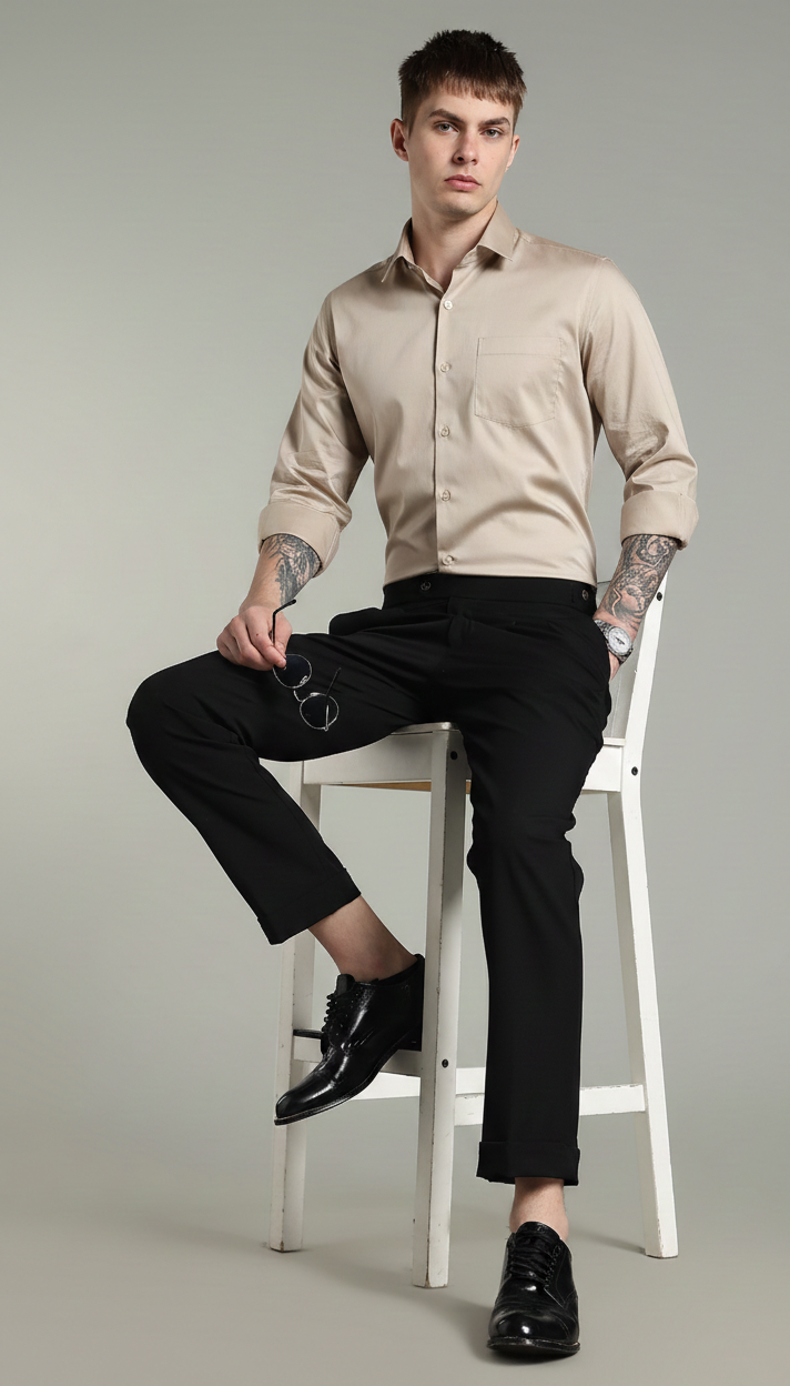 Wrinkle Free Titanium Beige Solid Cotton Shirt