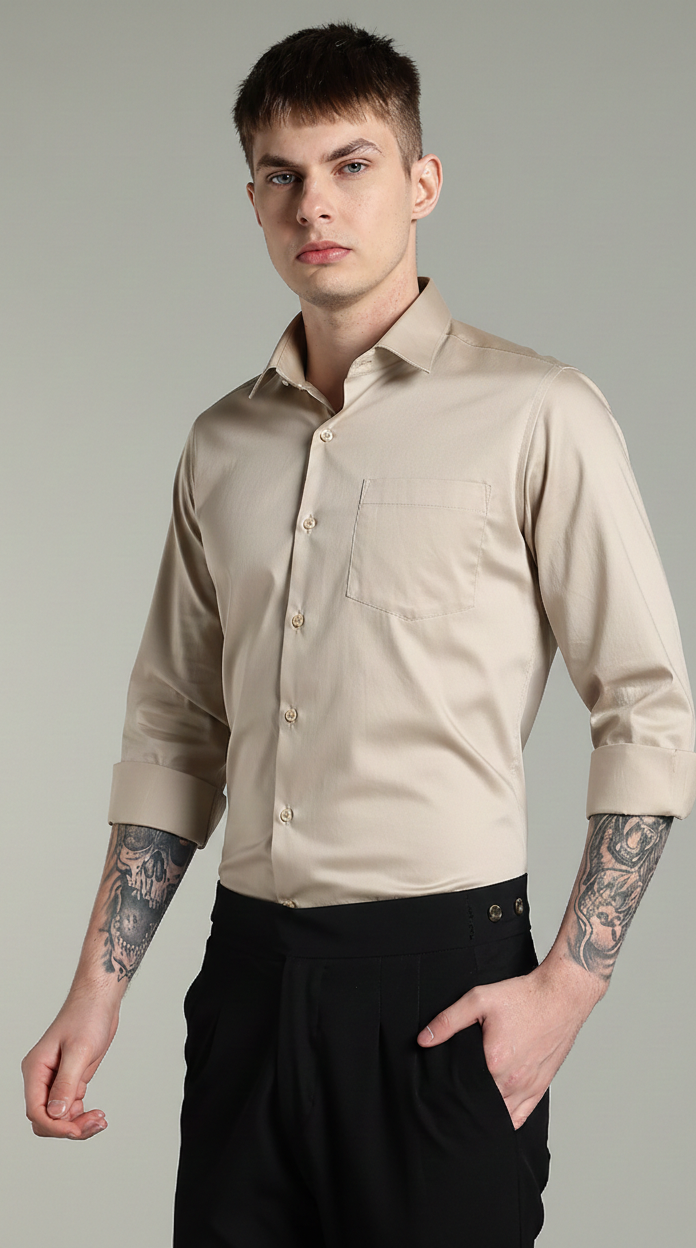 Wrinkle Free Titanium Beige Solid Cotton Shirt